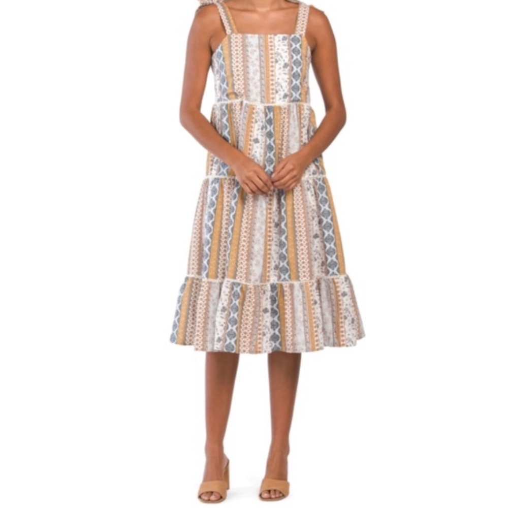 New Lucky Brand Shoulder Tie Tiered Dobby Midi Dress - Picture 5 of 16